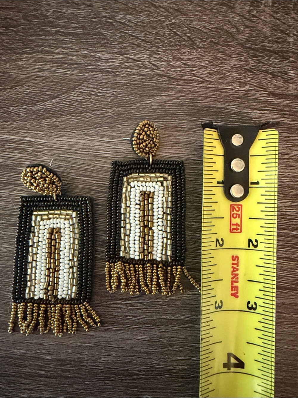 Beaded Fringe Drop Earrings in Black, Gold & White - Picture 2 of 2
